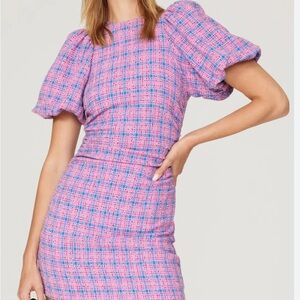 Ganni- Pink and Blue mini check print Puff Sleeve Dress